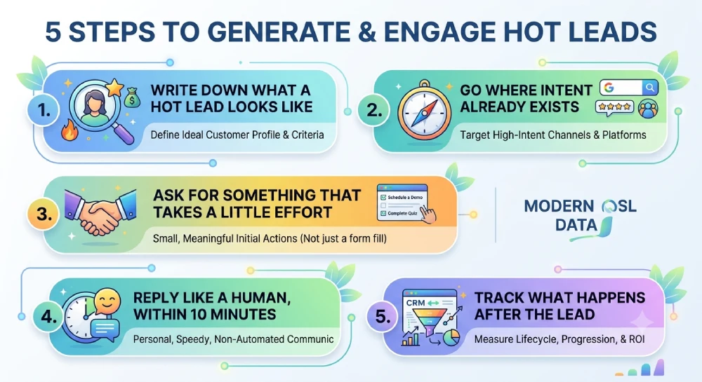 An infographic titled "5 Steps to Generate & Engage Hot Leads” 