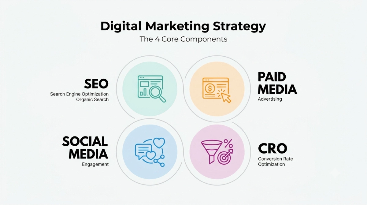A minimalist infographic titled "Digital Marketing Strategy: The 4 Core Components"