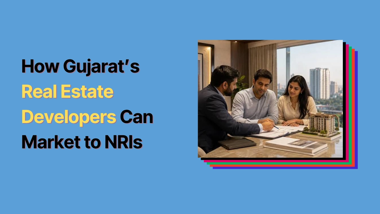 Illustration of a Gujarati family in a meeting with an Ahmedabad apartment project, representing NRI real estate marketing