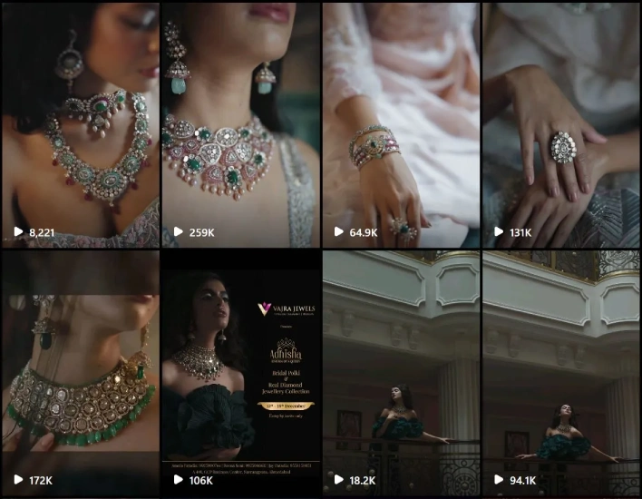 Grid of video thumbnails displaying a luxury bridal jewellery collection by Vajra Jewels 