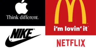 Logos and slogans of Apple, Nike, Netflix and McDonald's.