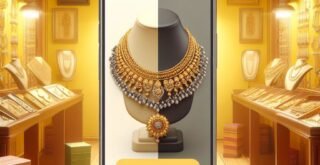 Traditional Indian jewellery showcased in a Surat showroom on one side and the same pieces featured on an e-commerce site on a smartphone screen on the other, against a yellow background